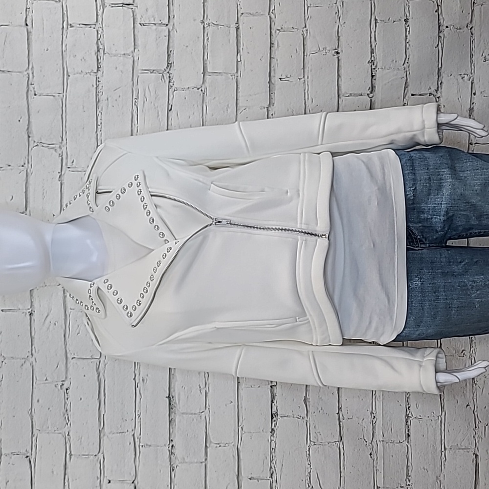 Cupcakes & Cashmere Edgy Cotton Blend Pearl Studded Moto Biker Jacket Ivory NWT